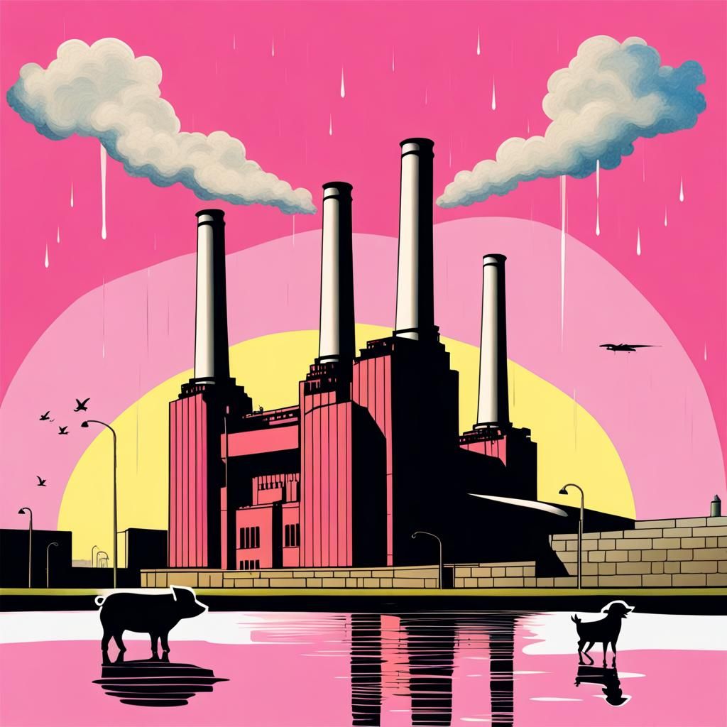 Surreal Battersea Power Station with Floating Animals