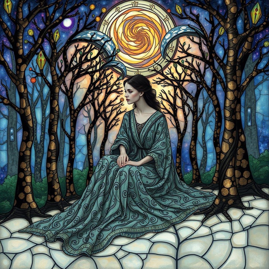 Surreal Stained Glass Forest with Figure, in 8k