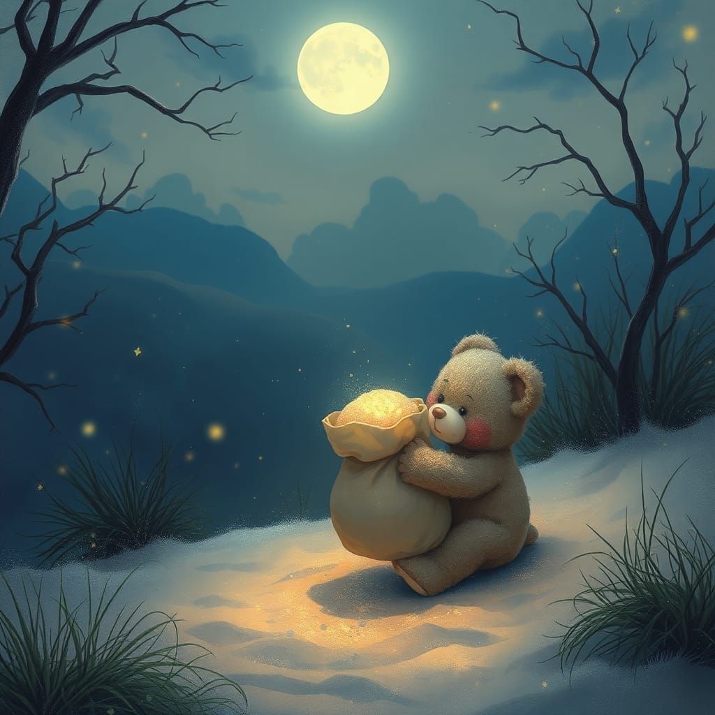 Bedtime Scene with the Sandman and Teddy Bear