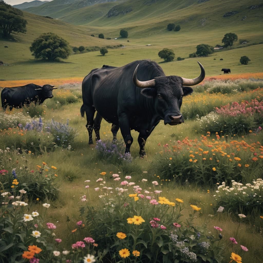 Black Bull in a Flower Pasture: Cinematic Still
