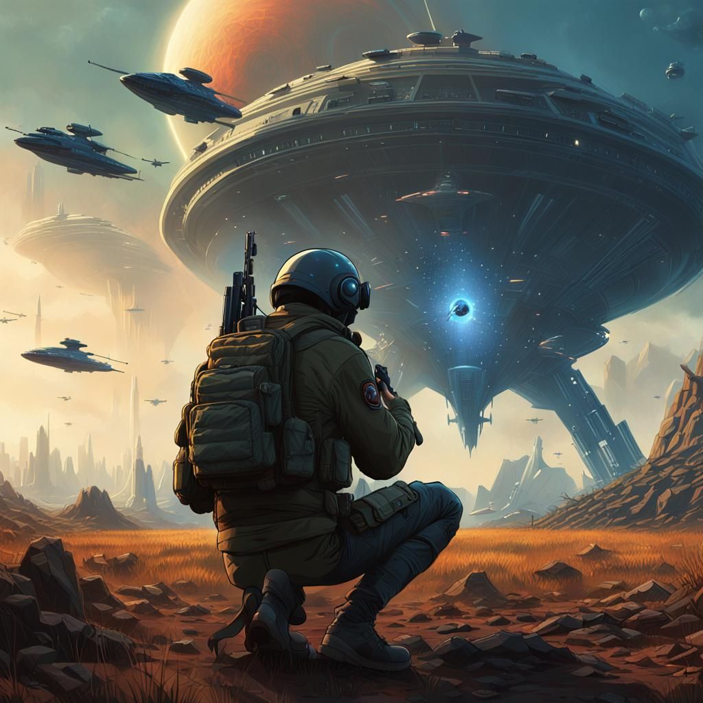 a kneeling soldier holding a gun as he watches in the sky, with a frightened expression, huge alien ships descending and...