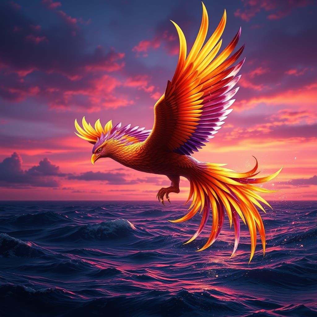 Golden Phoenix Soaring Over Twilight Ocean