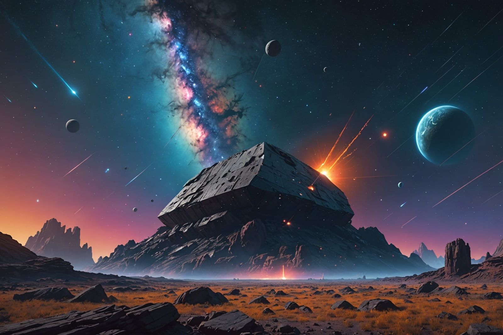 Vibrant Space Scene with Nebula and Asteroid Field