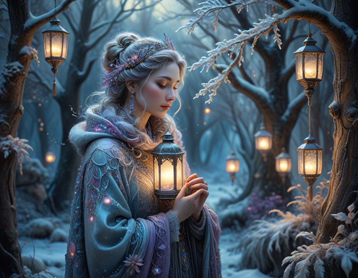 Ethereal Winter Queen in a Snowy Fantasy Realm