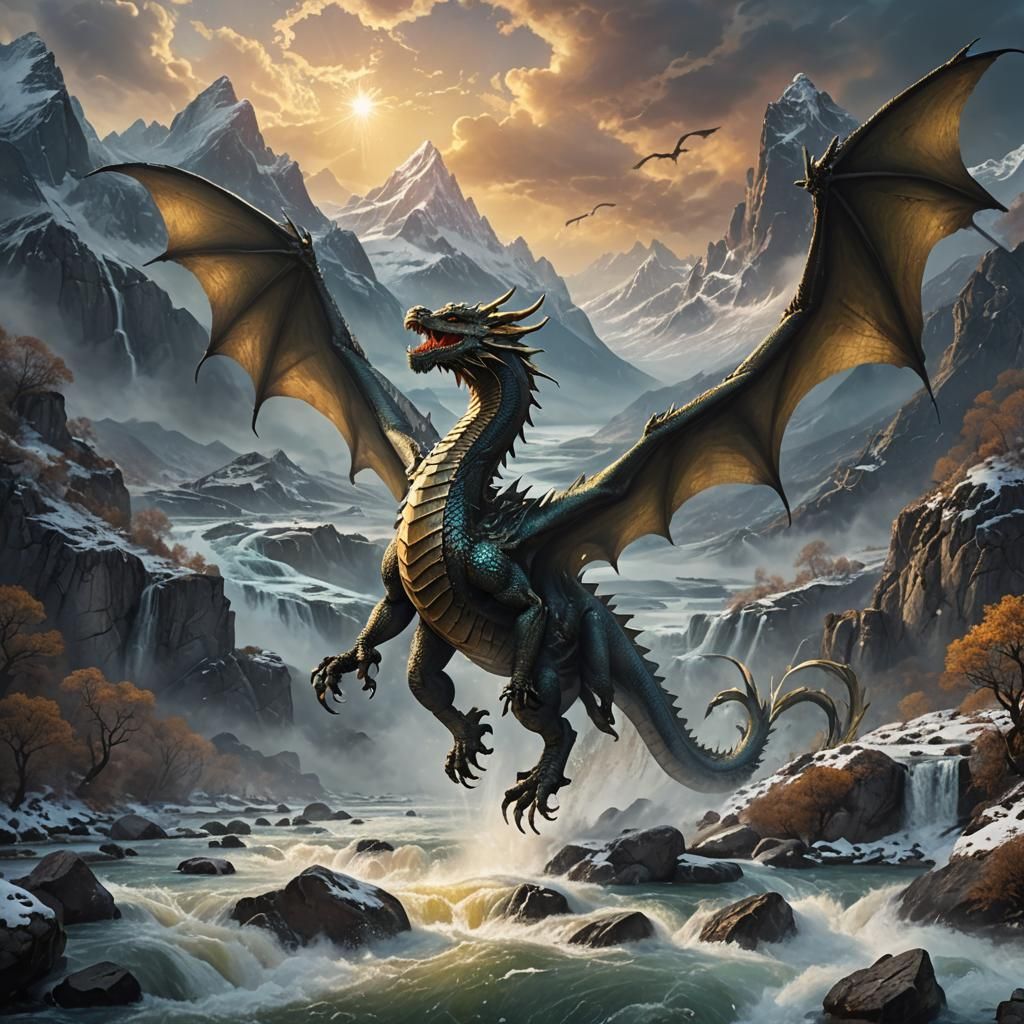 Dragon Soaring Over River with Mountains: Matte Painting