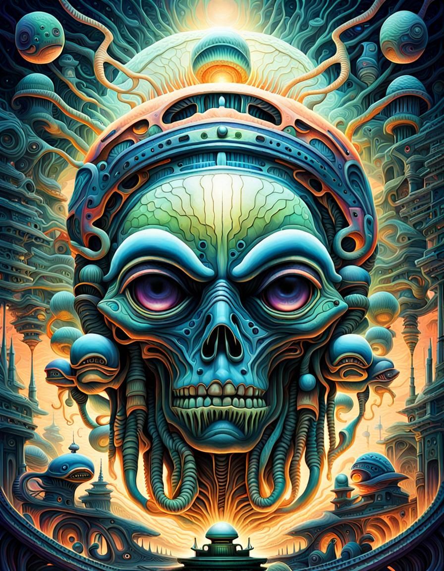 Surreal Faces Blend in Cosmic Biomechanical Art