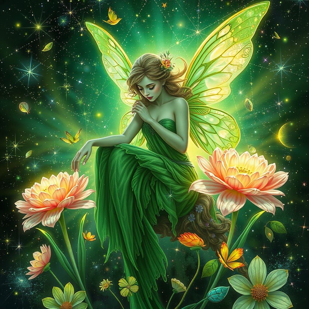 Celestial Fairy Blossoms in Vibrant Holographic Style