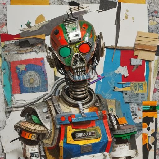 Abstract Scrap Robot Portrait in Mixed Media Collage