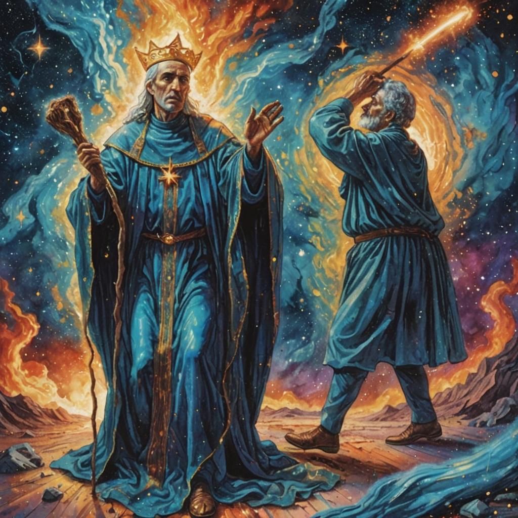 Cosmic Battle Scene in Surreal Mixed Media Art