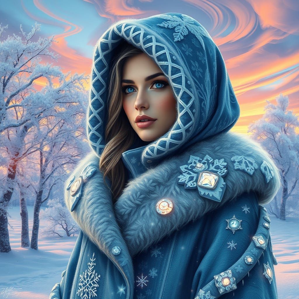 Winter Fantasy Scene with Glittering Coat and Icy Patterns i...