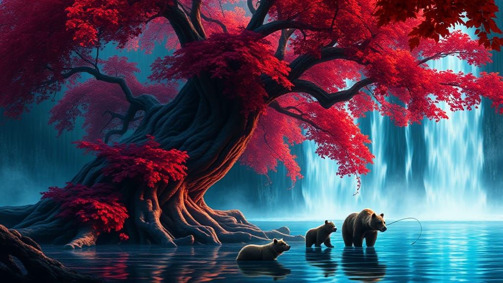 Fantasy Painting: Ancient Tree with Waterfall and Bears