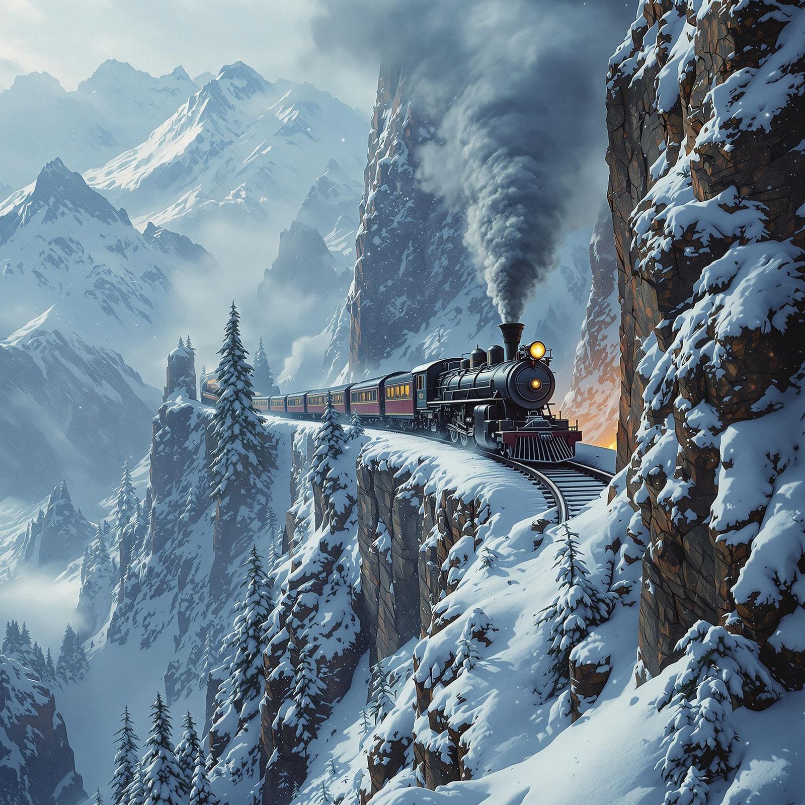 Epic Alps Winter Train in Jugendstil Style