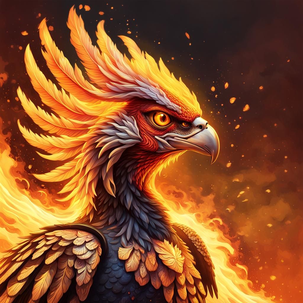 Fiery Phoenix Portrait in Hyperrealistic Style