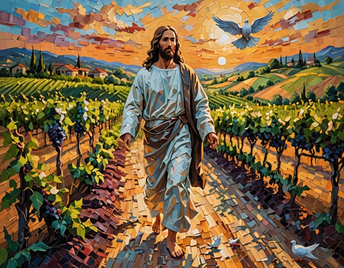 Jesus in Vineyard: Impasto Painting at Golden Hour
