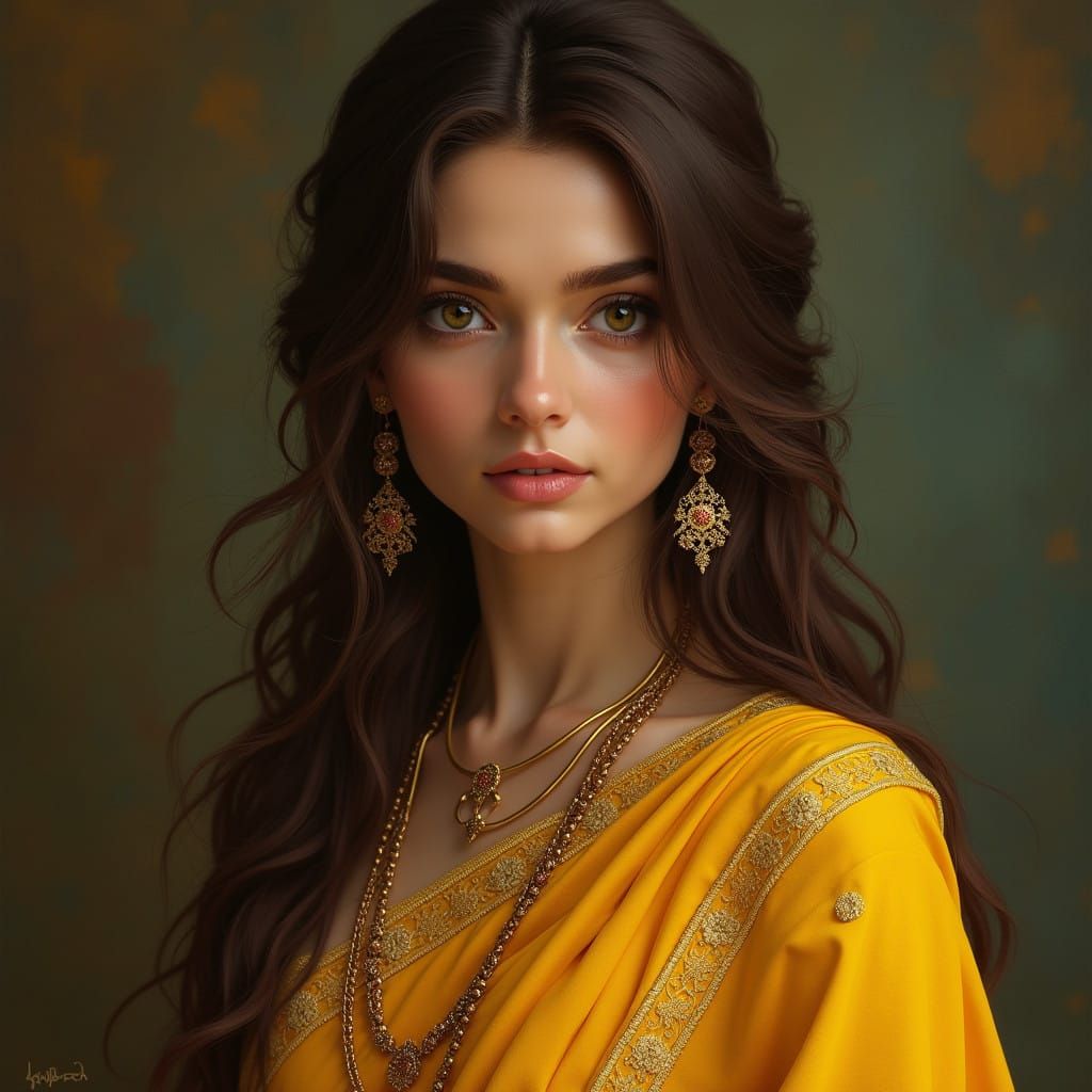 Realistic Portrait of a Woman in a Vibrant Yellow Sari