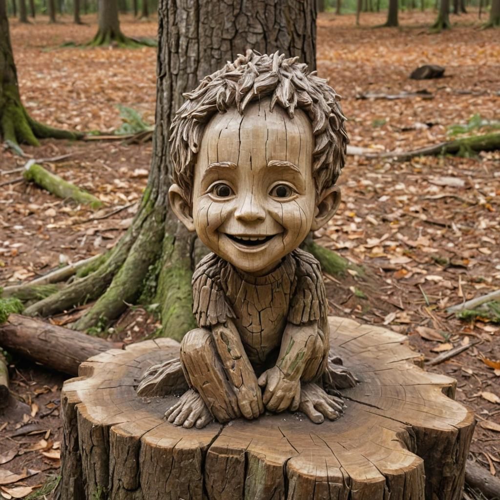 Smiling Boy Sculpture Carved in Tree Stump