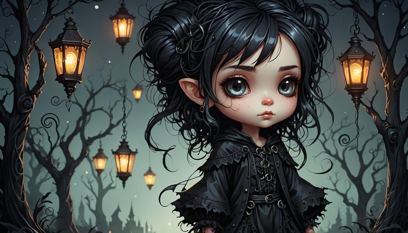 Whimsical Gothic Chibi Pixie in Noir Cityscape