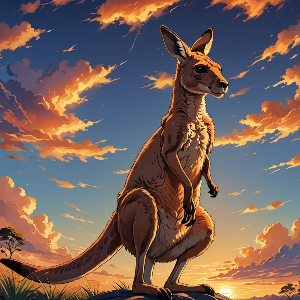 Anime Kangaroo in Australian Sunset, Studio Trigger Style