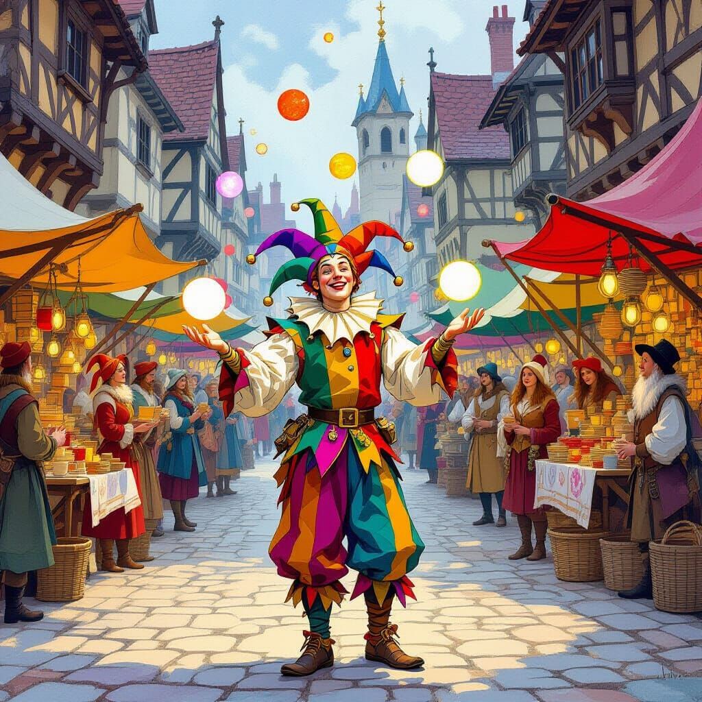 Jester with Parchment Hat in Medieval Market