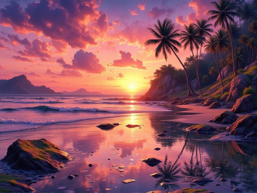 Tropical Island Sunset in Abstract Ink Style