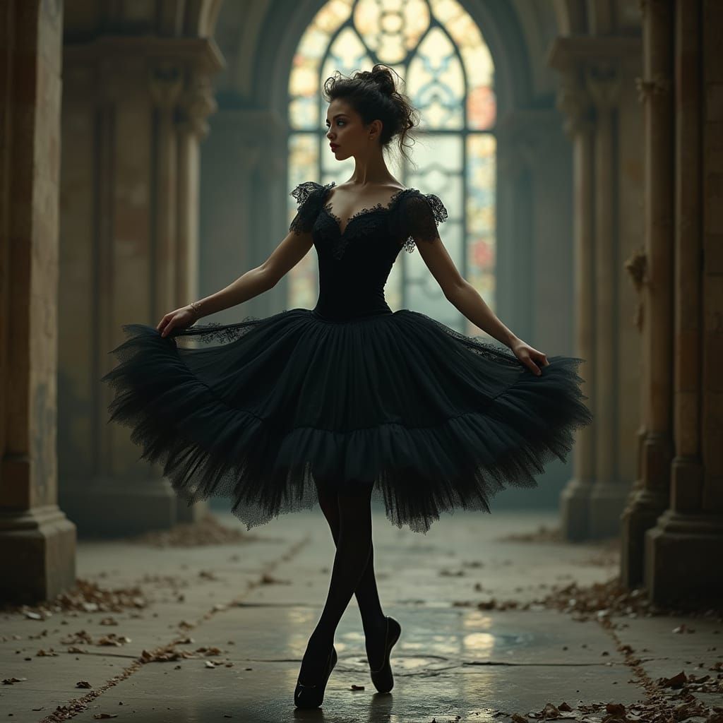 Gothic Ballerina Dances in Abandoned Cathedral, Art Nouveau ...