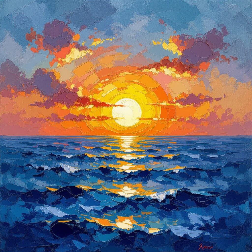 Surreal Sun Dawning Day in Gouache Watercolor Style