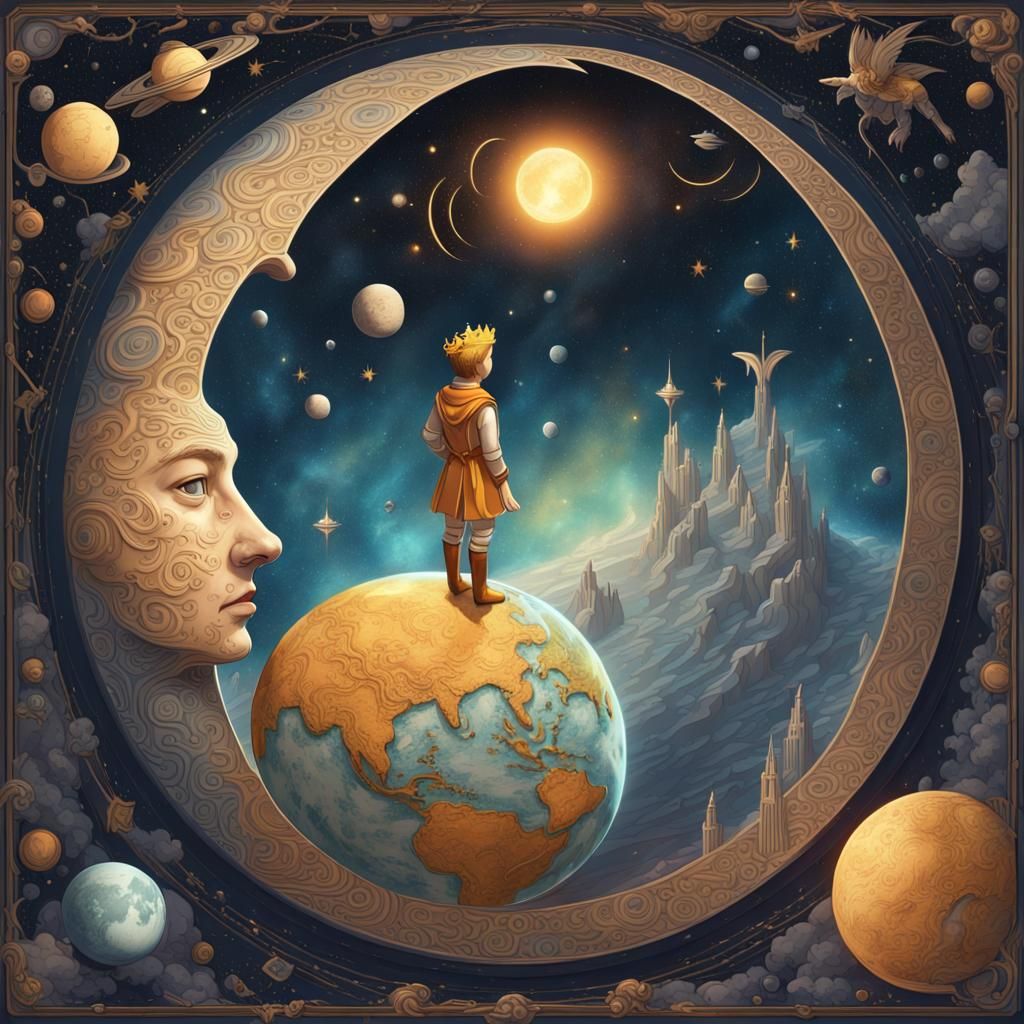 Fantastic Galaxy Scene with Little Prince in 3D Art