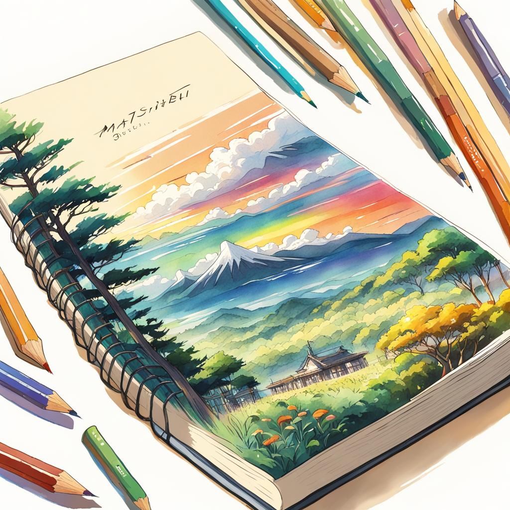 Rainbow Pencils and Drawing Book in Anime Style