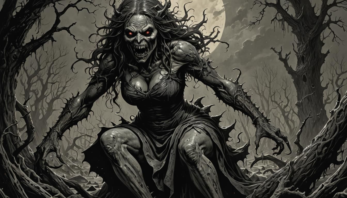 Horror Pinup: Bare Monster in Engraving Style