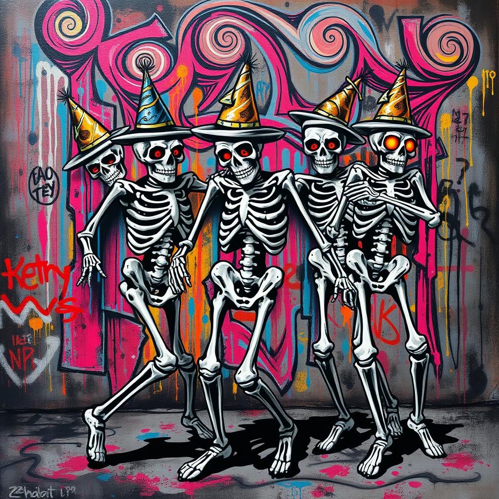 Dancing Skeletons in Urban Street Art Style