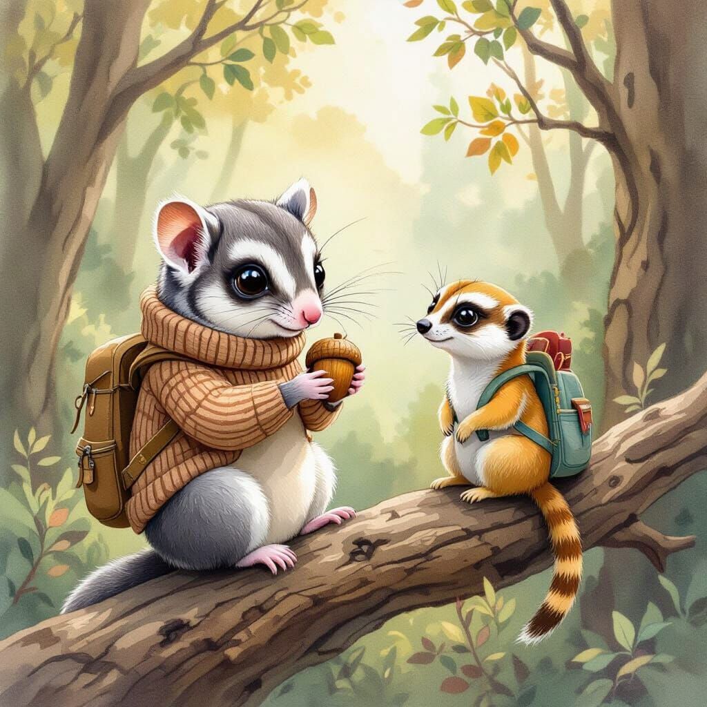 Sugar Glider and Meerkat in Whimsical Forest