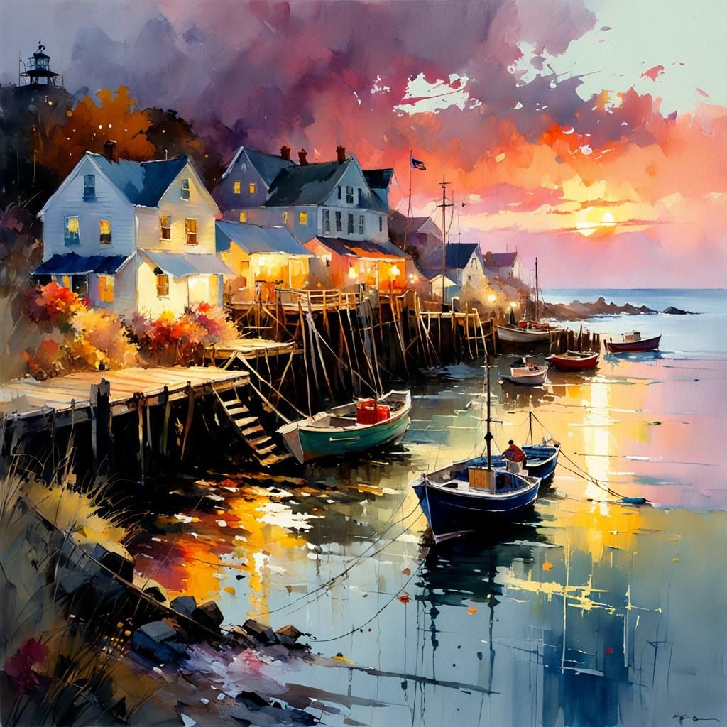 New England Seaside Village Watercolor Painting