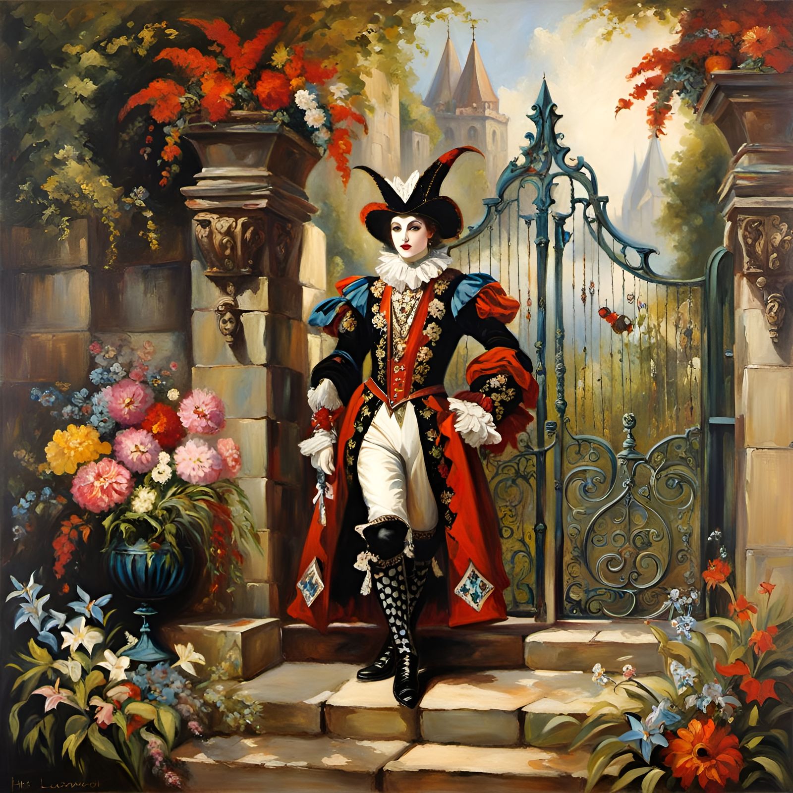 Fantasy Castle Gate with Harlequin in Oil Paint