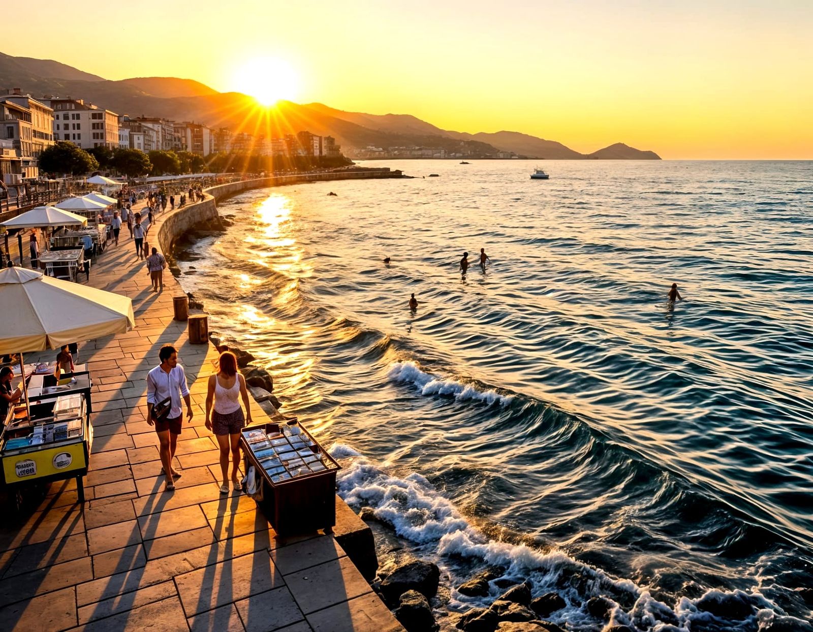 Vibrant Summer Evening on Bustling Seaside Boardwalk