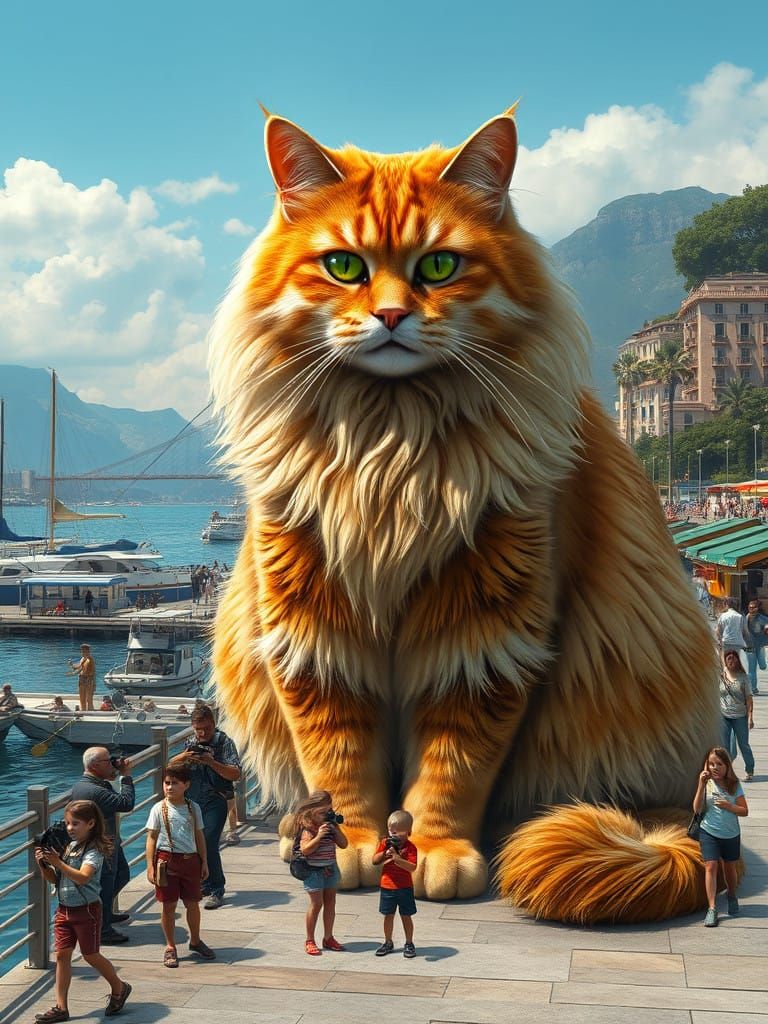Giant Long-Haired Cat Dominates Bustling Waterfront Promenad...