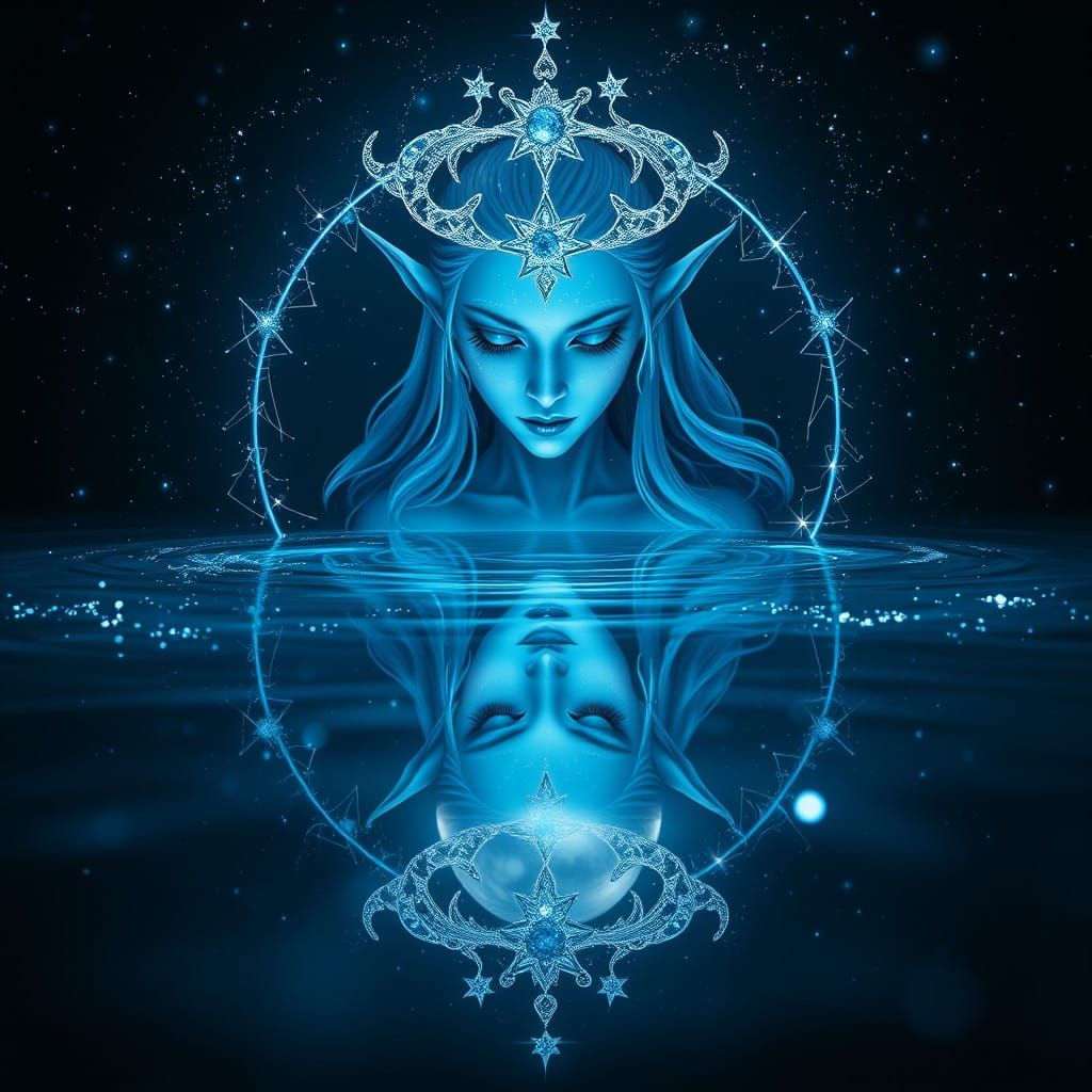 Mystical Elf Sorceress Merges with Celestial Reflections