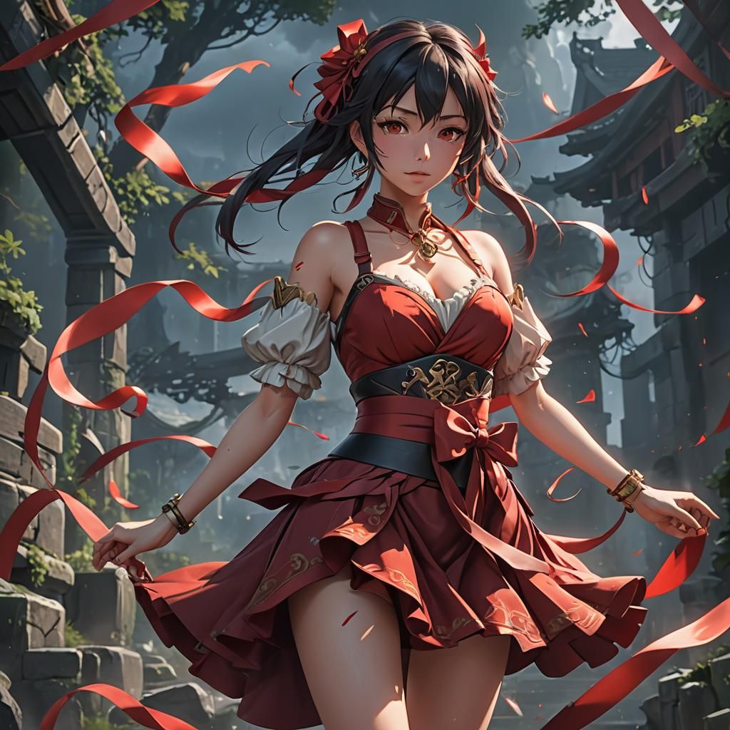 Anime Woman in Red Skirt, Detailed Digital Art