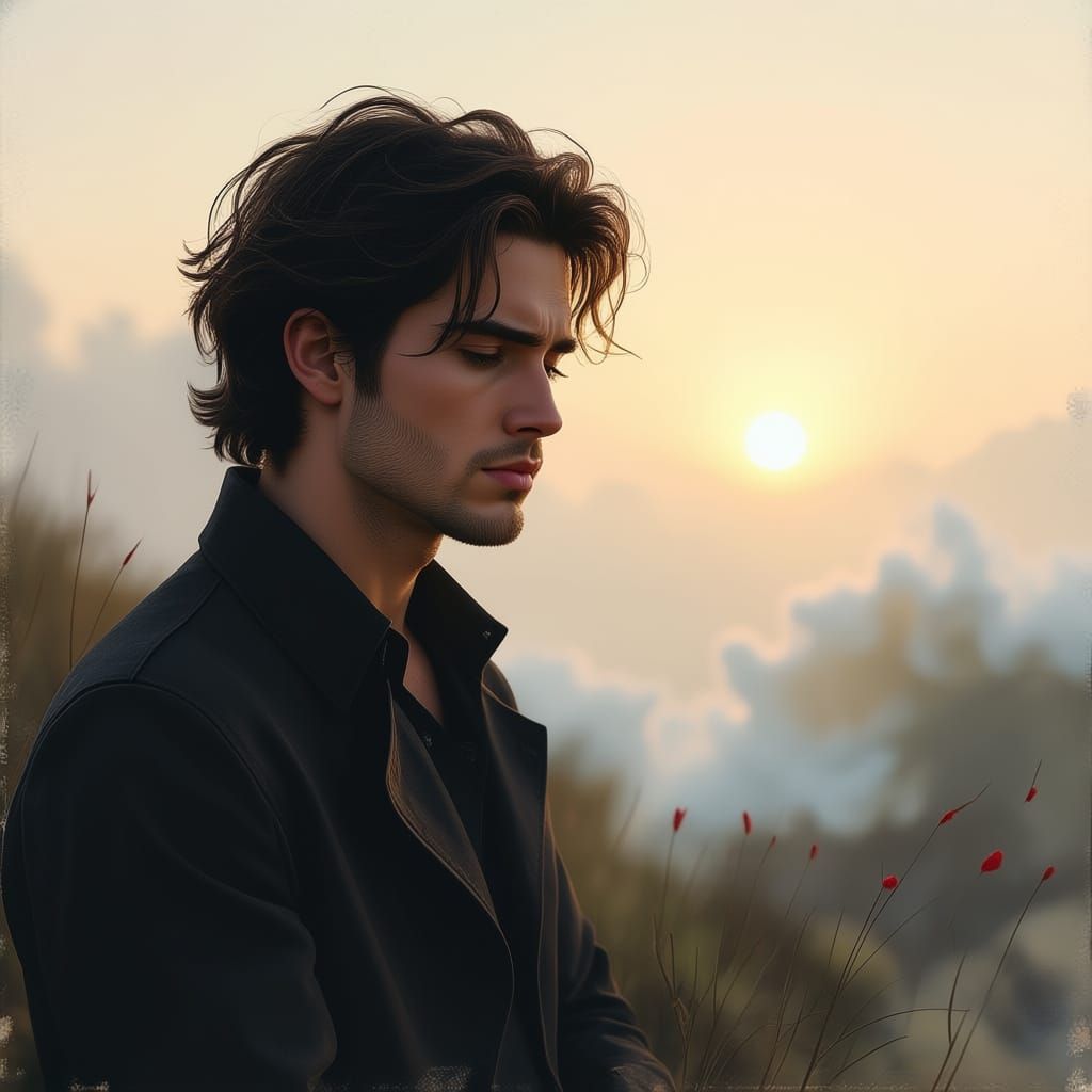 Young Man's Painful Gaze Towards Hopeful Horizon