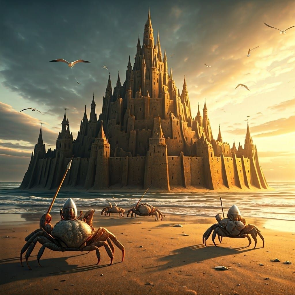 Medieval Sandcastle Battle on a Sunny Beach