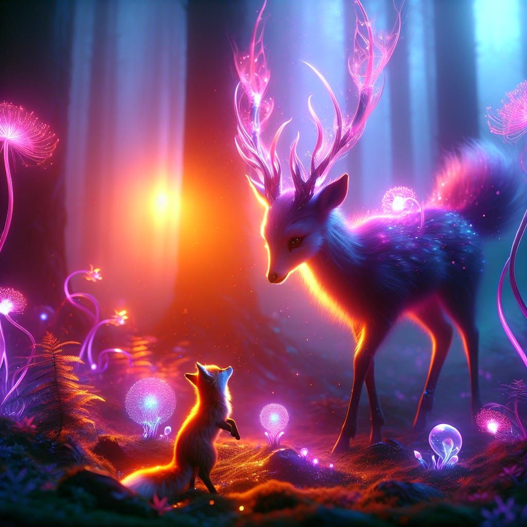 Mystical Deer and Fox Meeting in Ethereal Forest