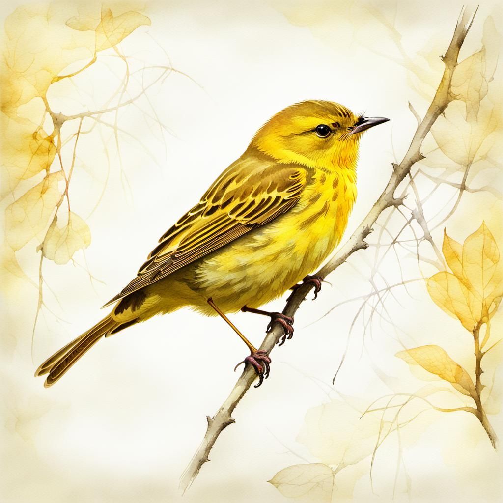 Yellow Warbler Watercolor Portrait with Golden Light