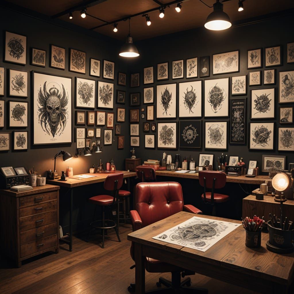 Detailed Tattoo Flash Sheet in Tattoo Parlor