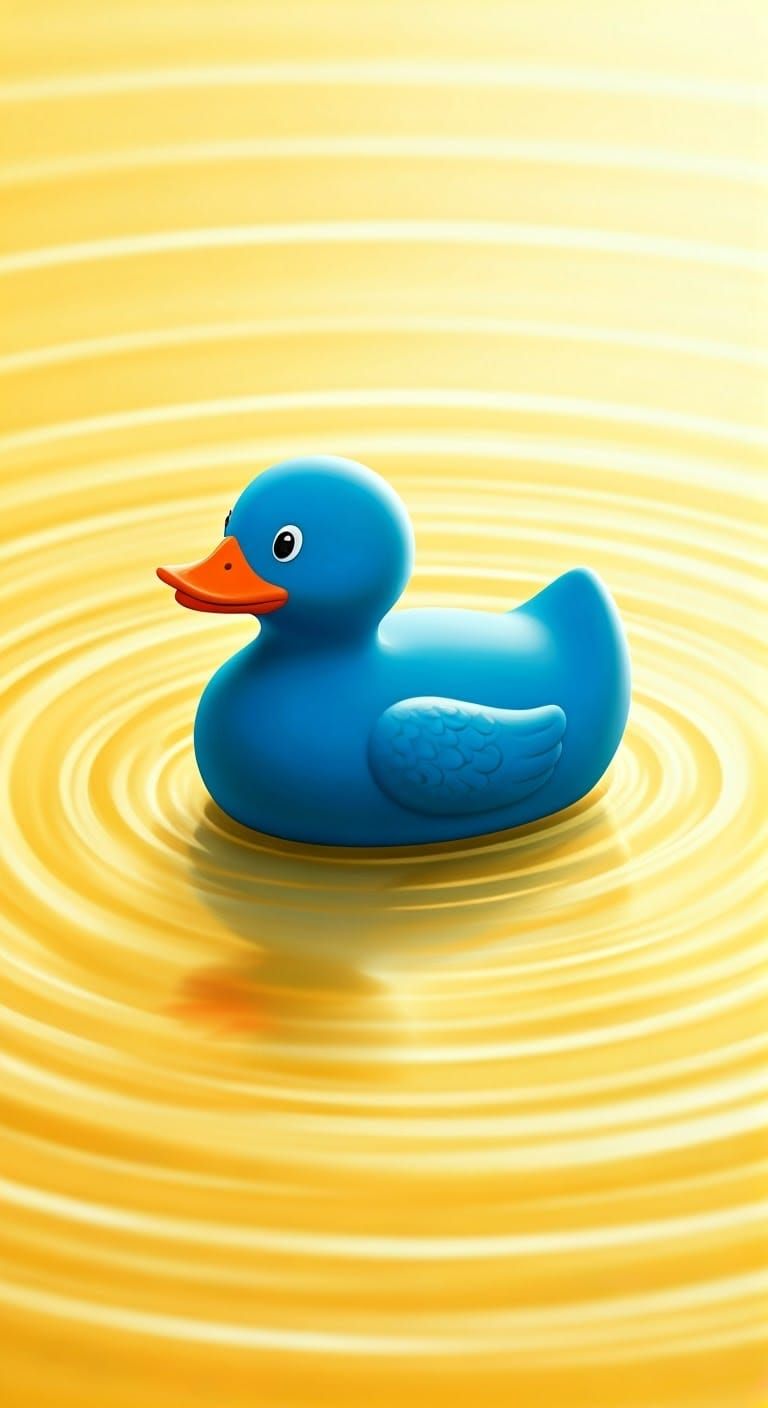 Bright Blue Rubber Duck on Sunny Yellow Water