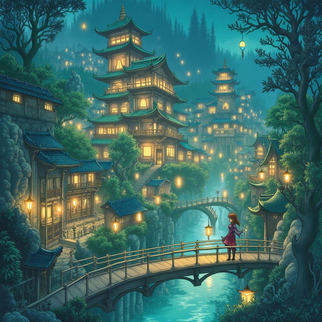 A girl on a bridge overlooking a fantastical, glowing spirit...