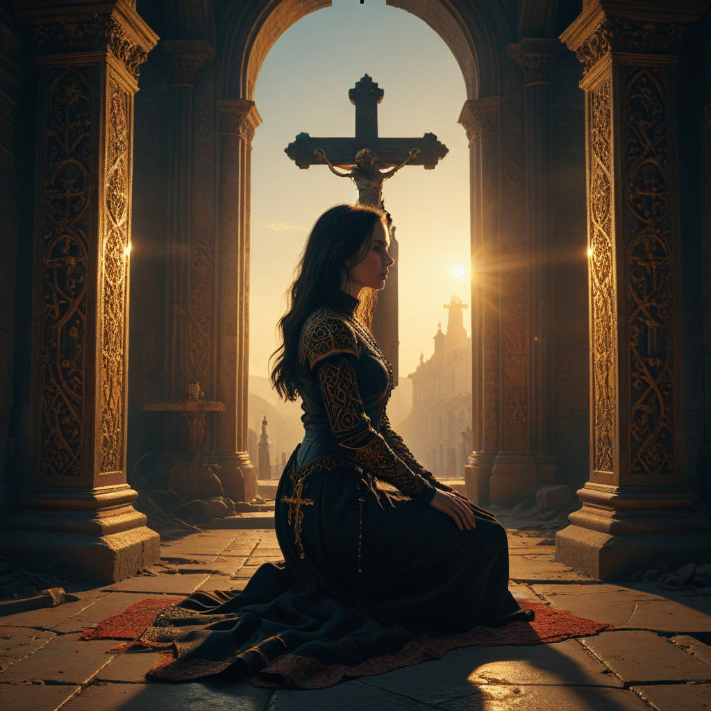 Women Kneel at the Foot of a Golden Cross in a Baroque-Inspi...