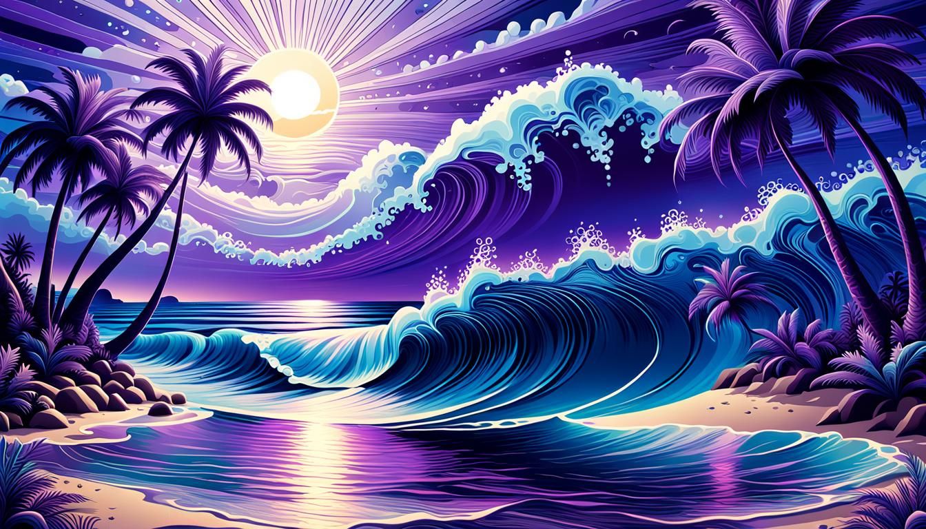 Blue and Purple Island Seascape in Geometric Abstraction