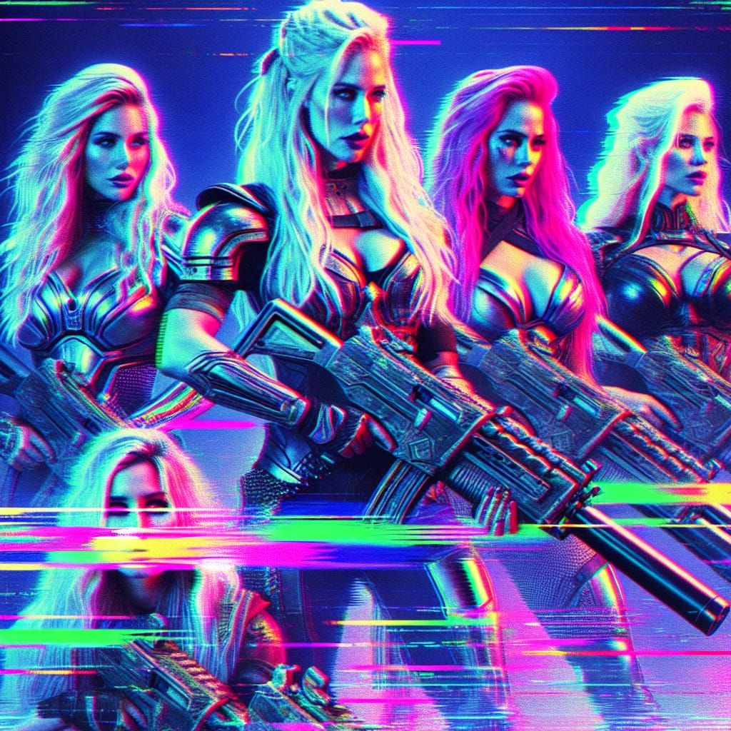 Neon Valkyries with Rotary Machine Guns in Glitchcore Style