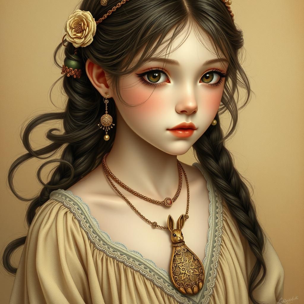 Girl with Rabbit Foot Necklace in Art Nouveau Style
