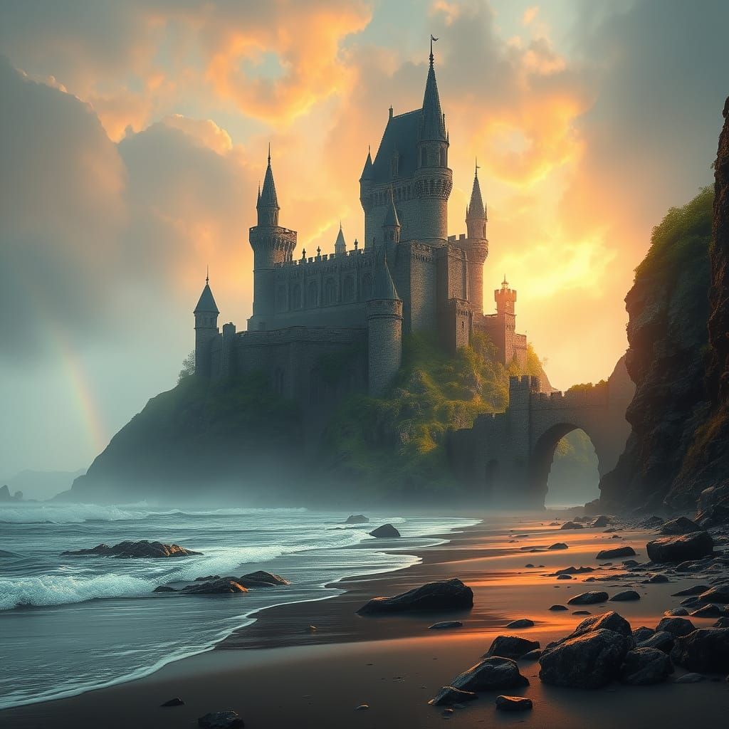 Majestic Castle Ruins Rise from Mystical Beach