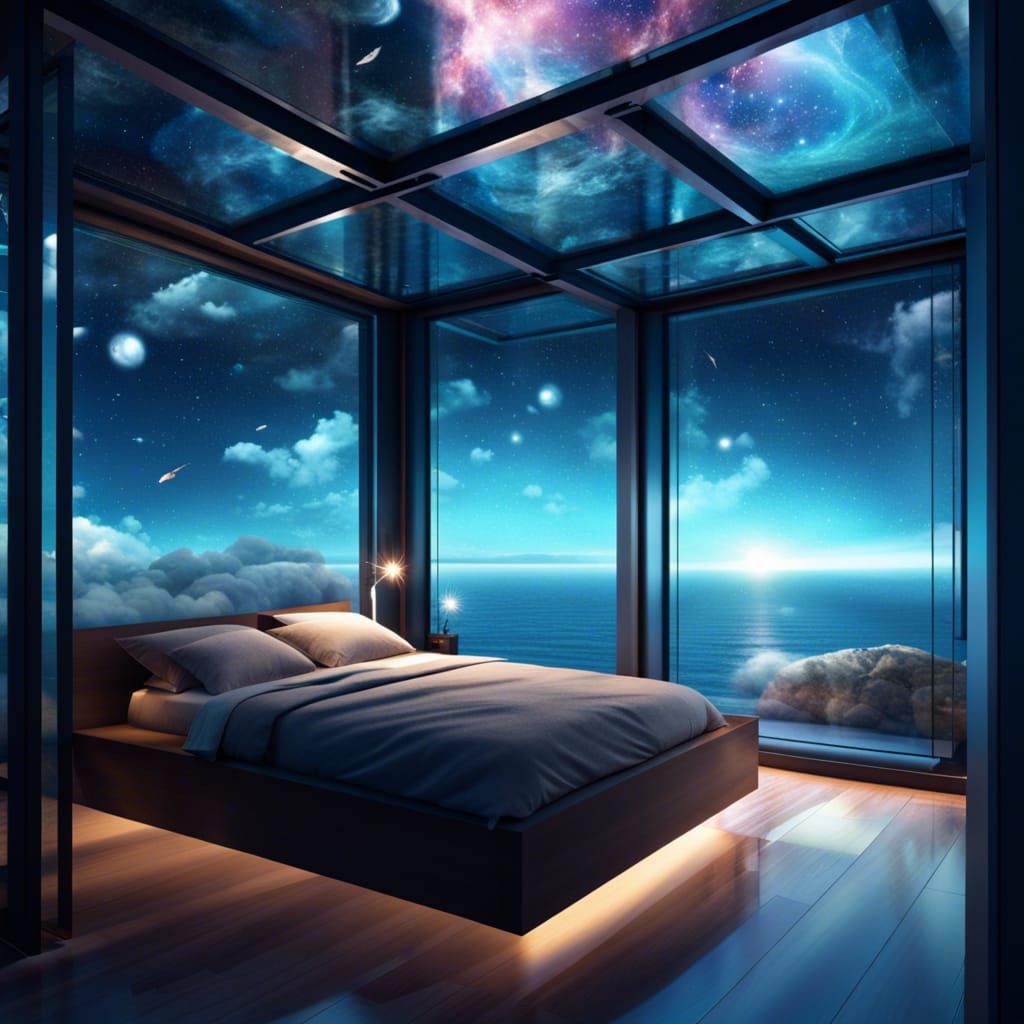 Bedroom in Glass Cube Floating on Ocean